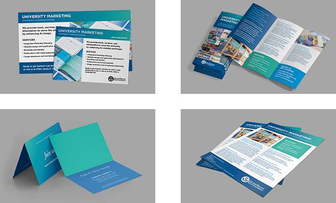 GVSU branded postcards, brochures, invitation cards, and flyers